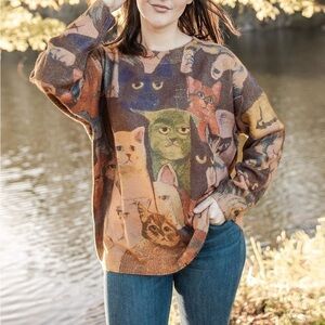 Cat print oversized sweater wool blend women’s size XL NEW